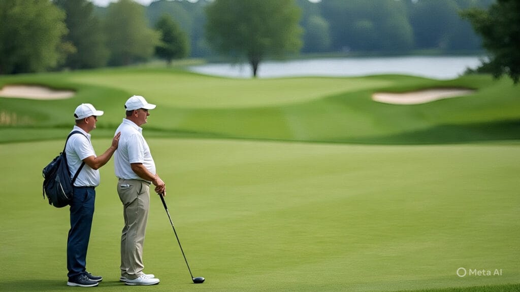 Golfer and Caddy Discussing Strategy on the Golf Course