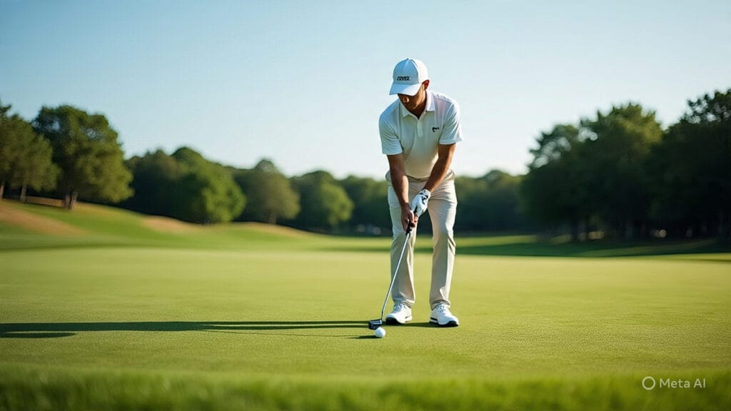 Golfer Drawing a Line from his Ball to the Hole on the Putting Green