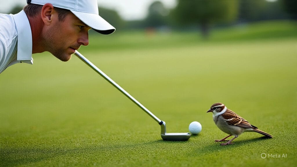 Golfer Trying to Putt with a Bird on his Shoulder