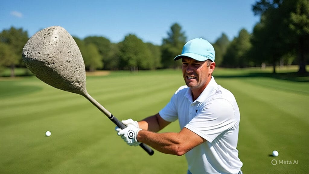 Golfer Wincing When Trying to Use a Golf Club Made of Cement