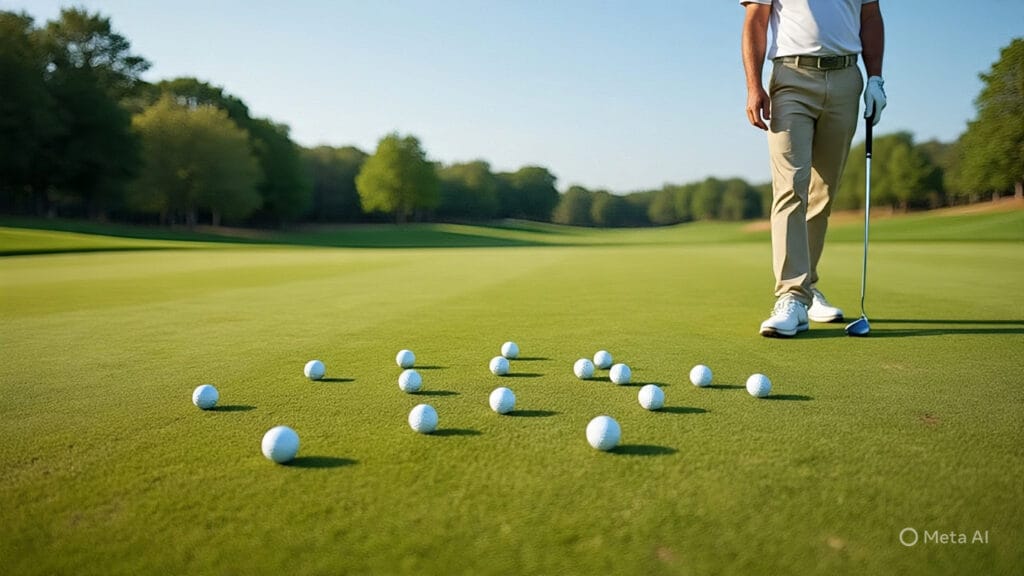 Golfer with Multiple Balls Surrounding the Hole
