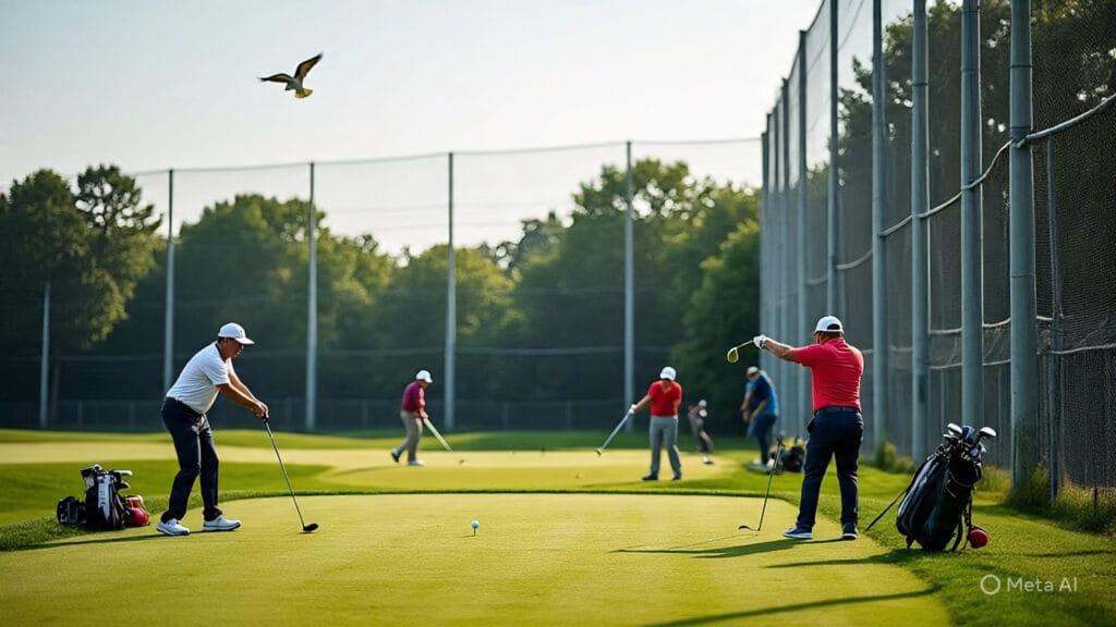 Golfers Taking Swings at the Driving Range