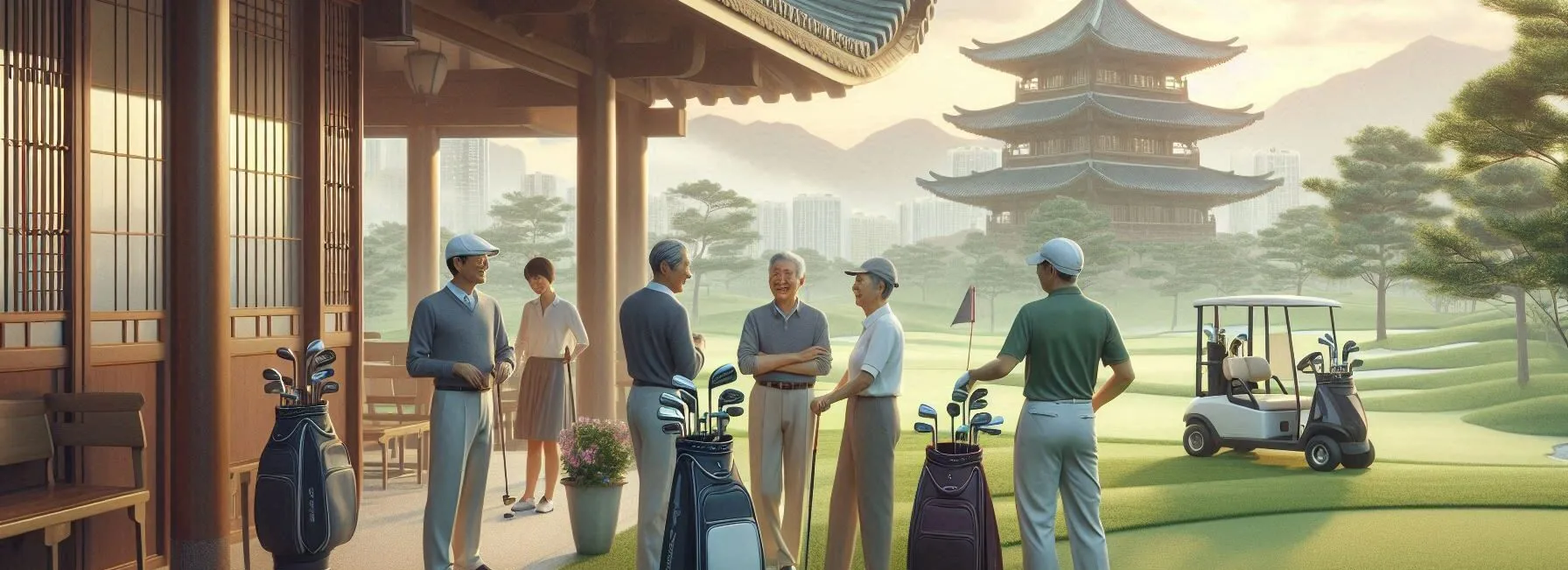 Men and Women Golfers Chatting on the First Tee by the Clubhouse