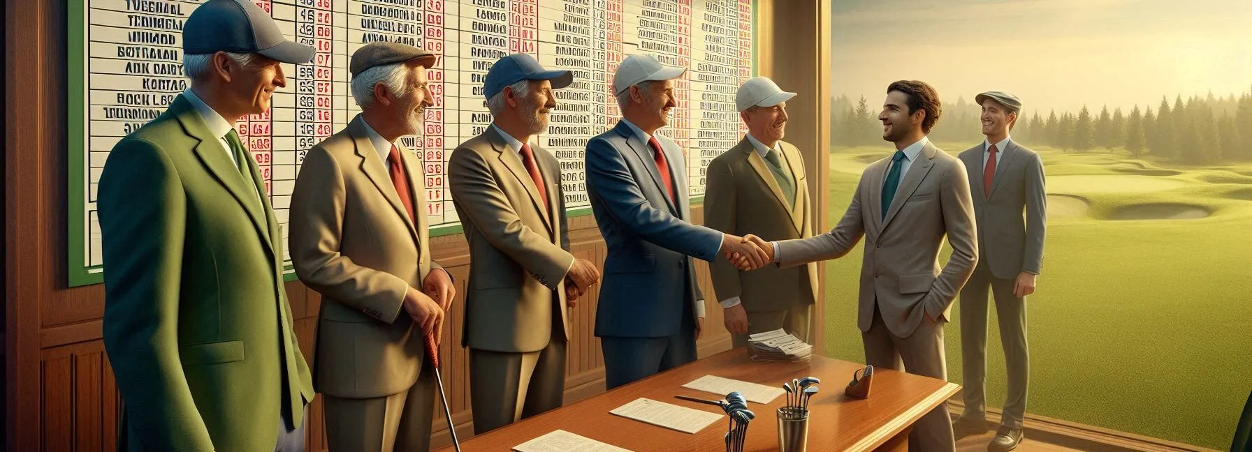 Men and Women Golfers Shaking Hands by the Leaderboard