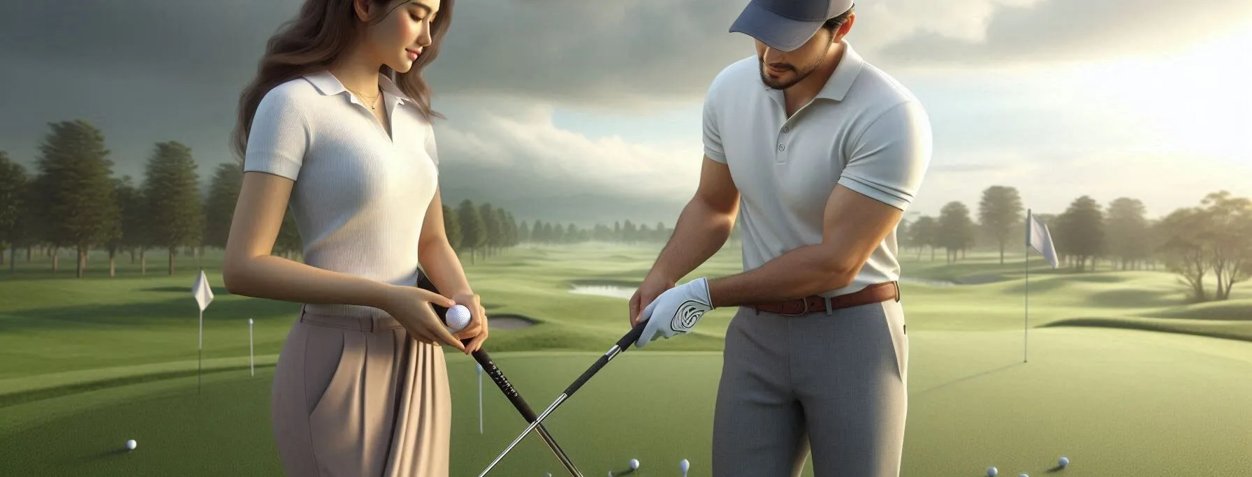 Golf Pro Giving a Lady a Golfing Lesson