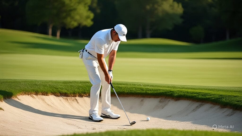 Golfer Adjusting his Stance and his Grip in a Sand Bunker