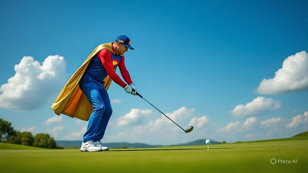 Golfer Dressed as a Super Hero Taking a Swing