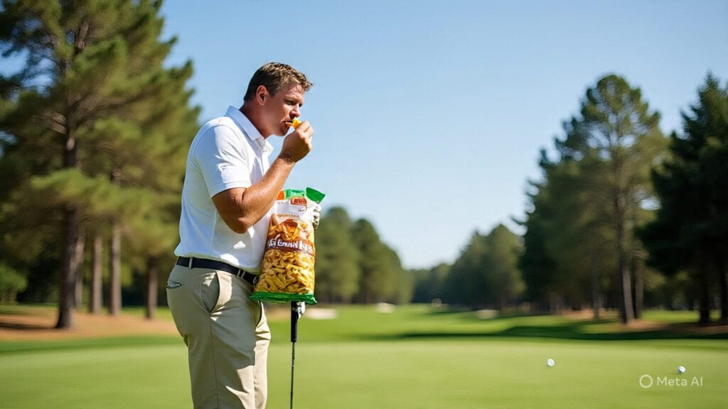 Golfer Eating a Bag of Chips While Lining up his Next Shot