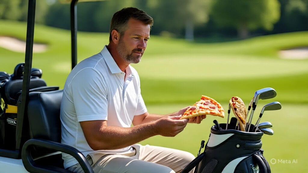 Golfer Eating Pizza and Tacos While Selecting Clubs from his Golf Bag