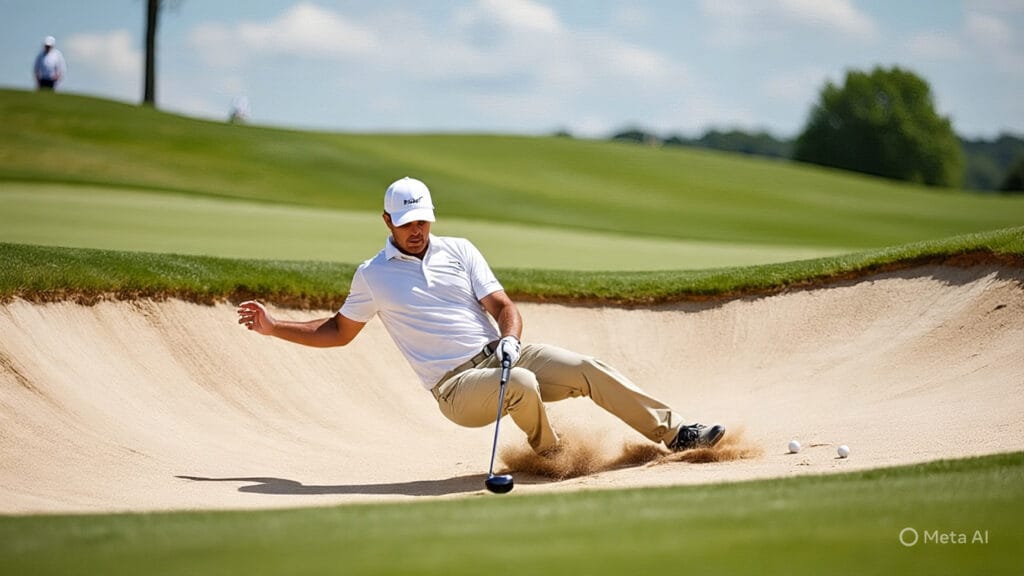 Golfer Falling Down While Trying to Hit Out of a Bunker