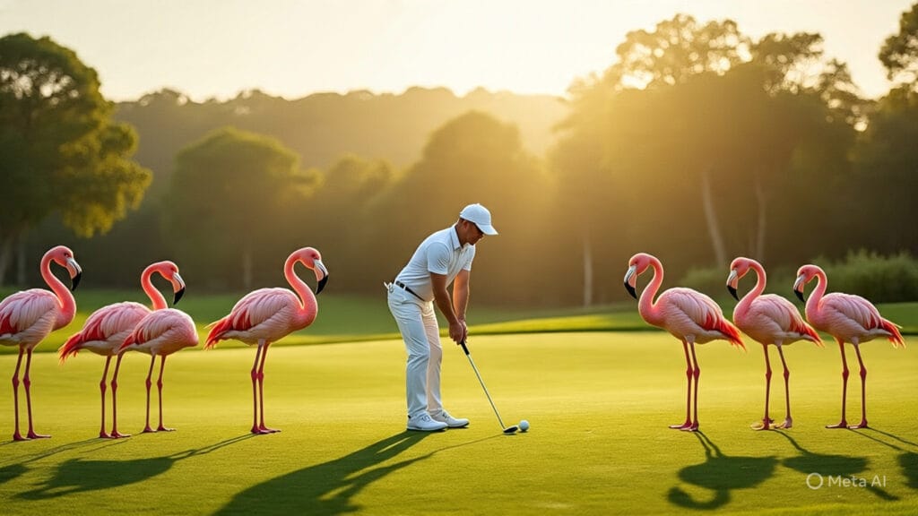 Golfer Getting Ready for his Shot and Surrounded by Flamingos