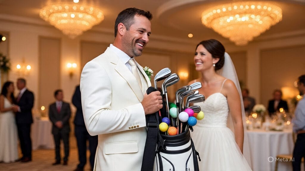 Golfer in a White Suit at a Wedding Holding his Golf Bag