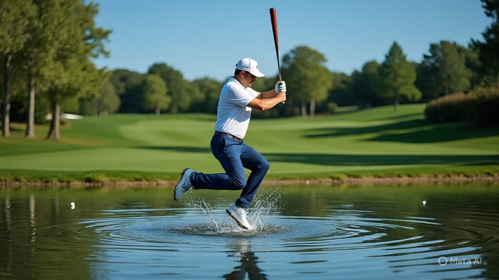 Golfer Jumping in a Lake While Holding a Baseball Bat