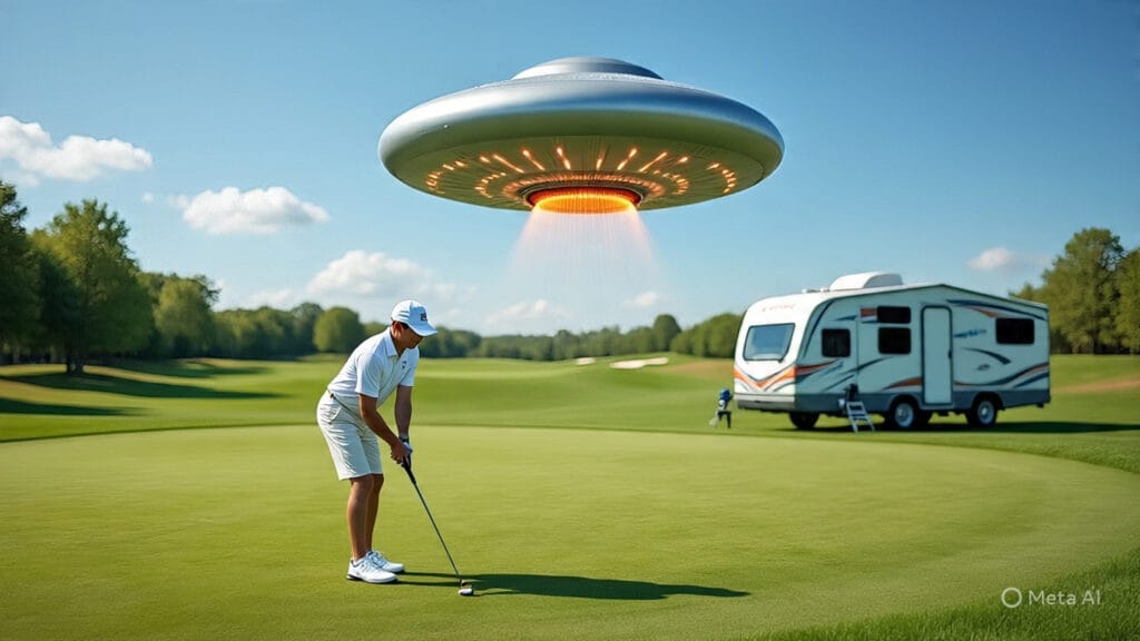 Golfer Lining up a Putt with a UFO Over his Camper in the Background