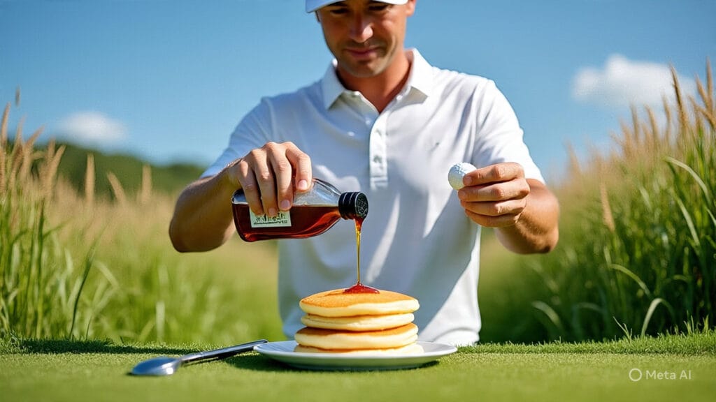 Golfer Pouring Syrup on Pancakes While Getting Ready for a Chip Shot in Tall Grass