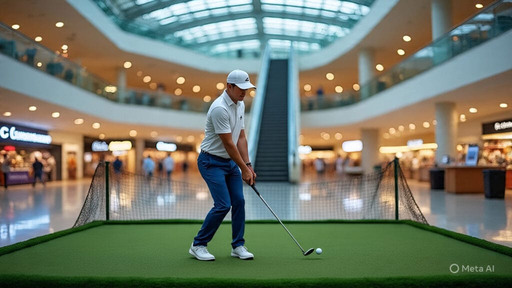 Golfer Practicing Inside a Shopping Mall