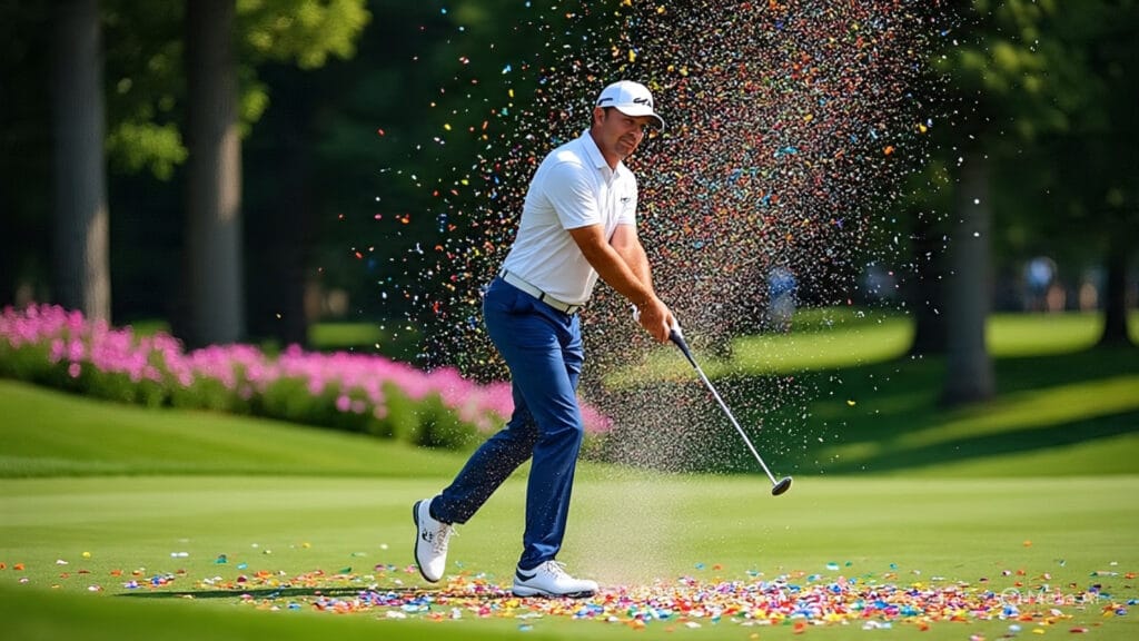 Golfer Taking a Swing While Confetti Rains Down on Him