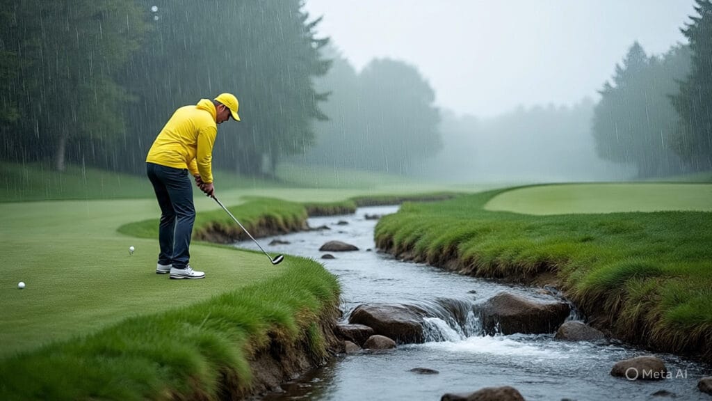 Golfer Trying to Hit a Ball Over a Creek in a Driving Rain Storm