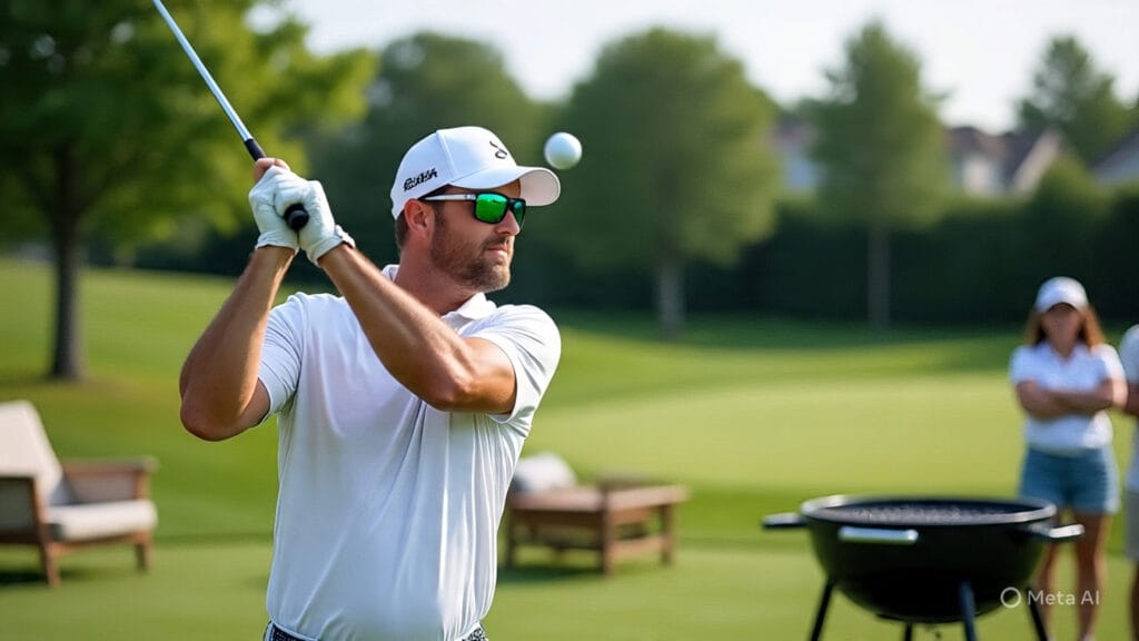 Golfer Trying to Hit a Shot from a Backyard Barbecue Back to the Golf Course