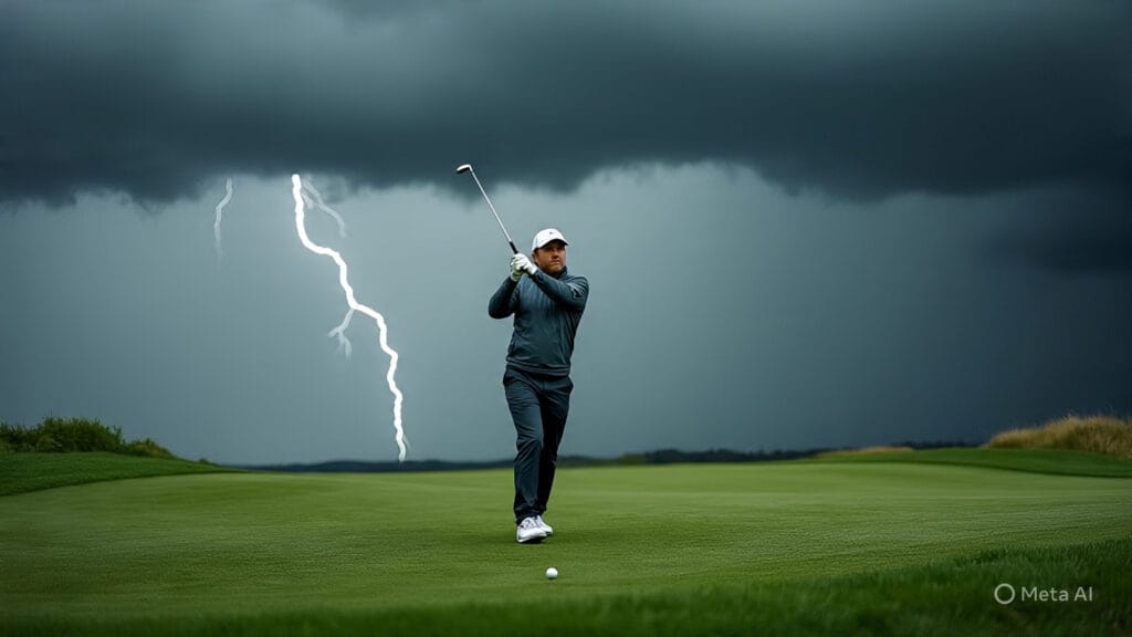 Golfer Trying to Hit an Impossible Shot on a Stormy Day