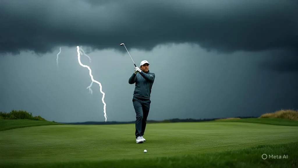 Golfer Trying to Hit an Impossible Shot on a Stormy Day