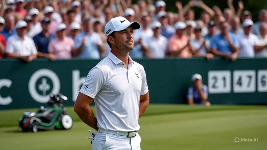 Golfer Using Mindfulness and Breathing Exercises During a Crowded Tournament with Many Fans Cheering