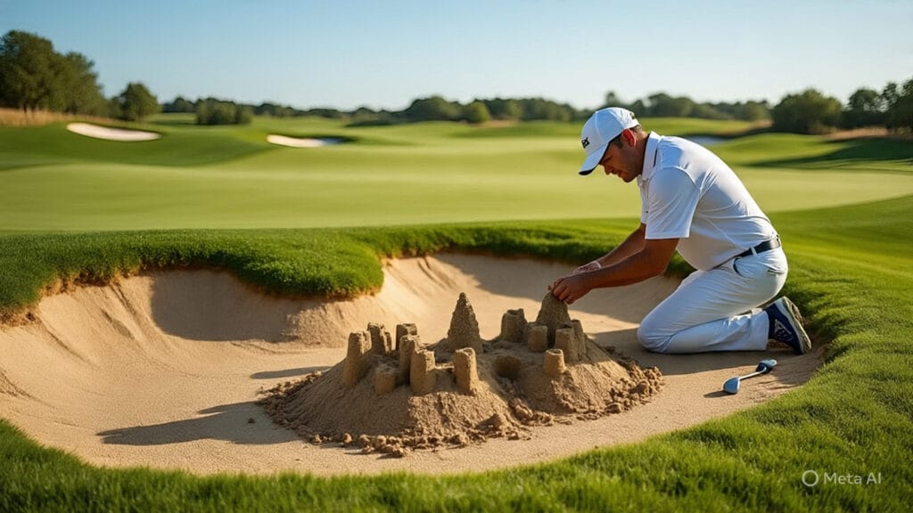 Golfer Making Sand Castles in a Sand Trap on a Golf Course
