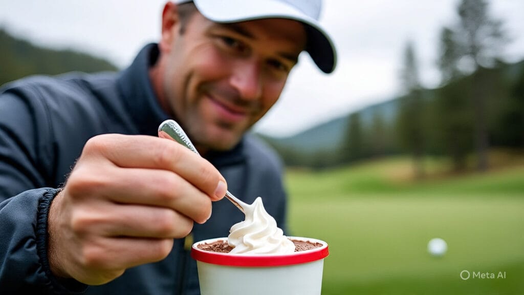 Golfer Putting Whipped Cream on Top of Hot Cocoa