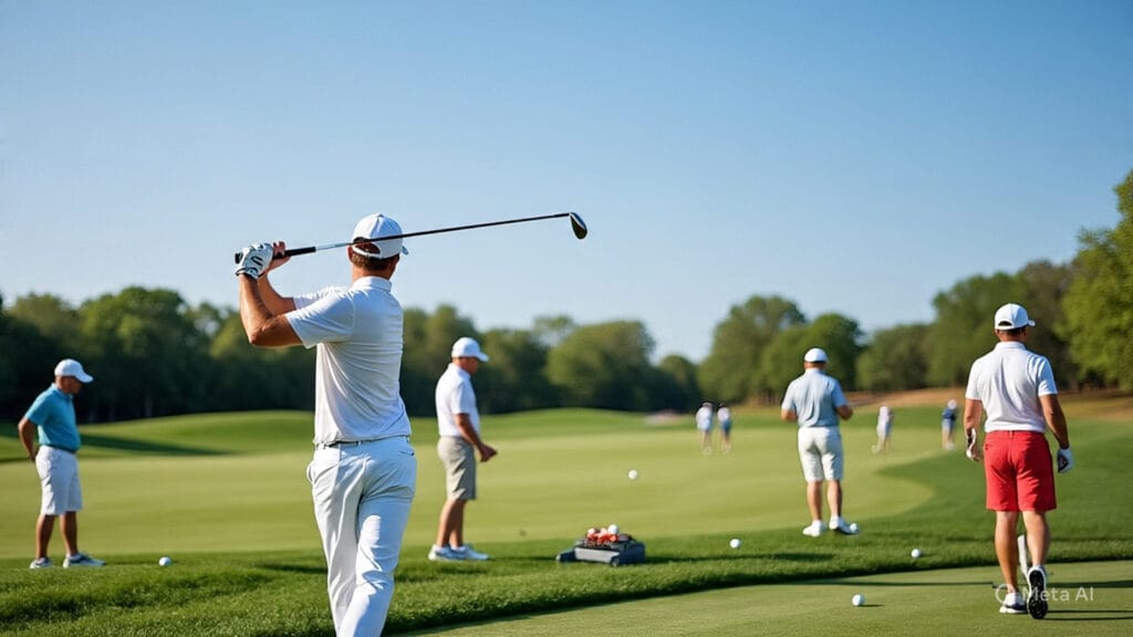 Golfer Taking his Practice Swings with Other Golfers