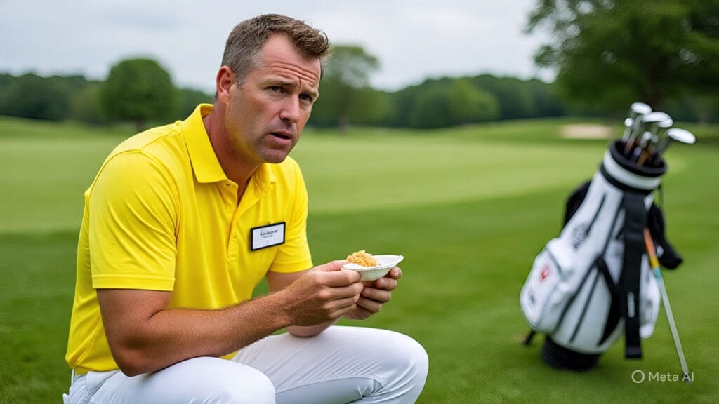 Nervous Golfer Eating His Breakfast on the Practice Tee