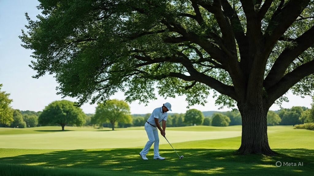 Golfer Taking a Shot from Under a Tree with Many Low Hanging Branches