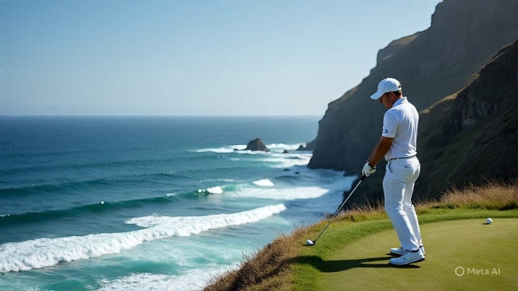 Golfer Trying to Hit a Ball Over The Ocean