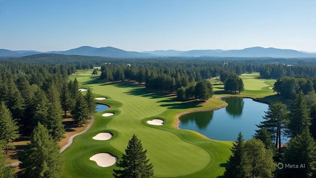 Flyover View of a Golf Course with Lots of Lakes and Sand Traps and Trees