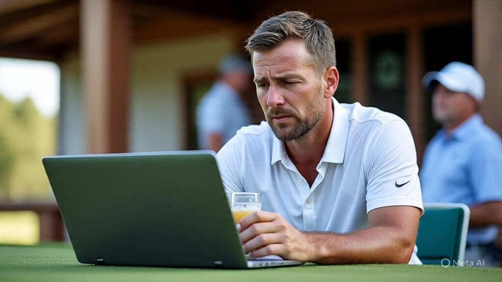 Golfer Analyzing His Data with a Drink in his Hand