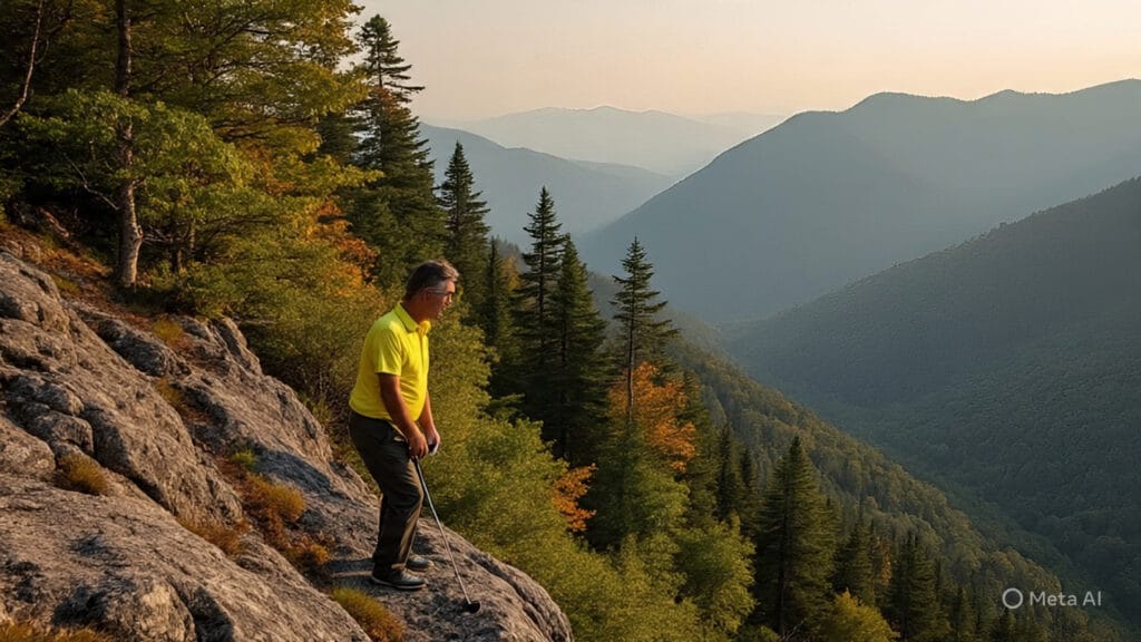 Golfer Golfing on the Side of a Mountain