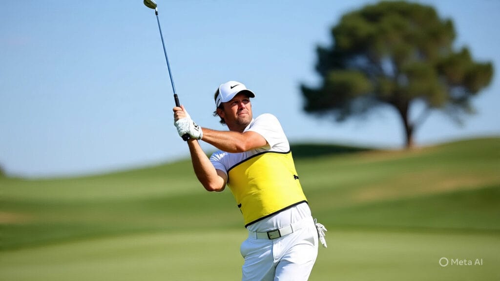 Golfer Swinging a Golf Club with a Wide Brace Around his Middle Section