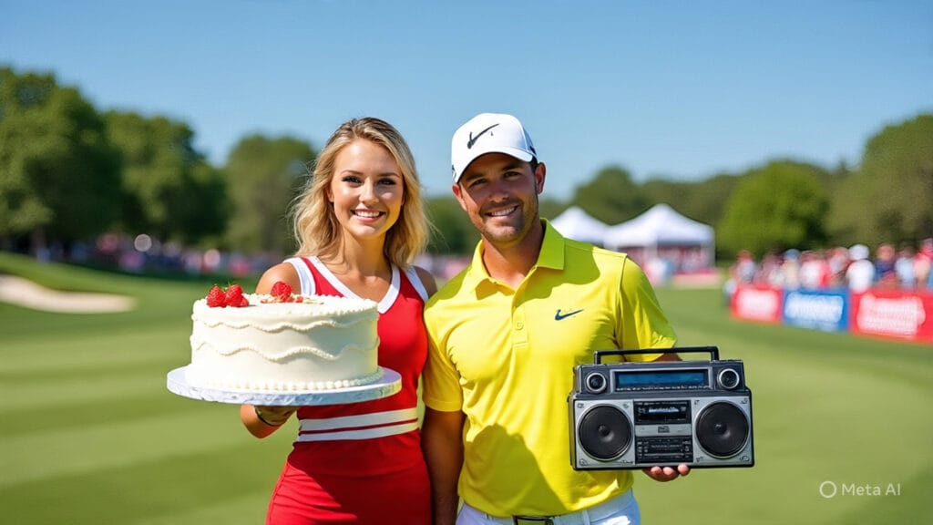 Golfer with a Boombox and a Cake and His Cheerleader Girlfriend Getting Ready for a Tournament