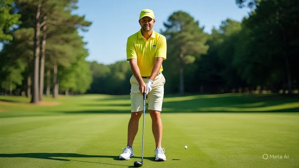 Golfer with Three Feet Getting Ready to Hit the Golf Ball