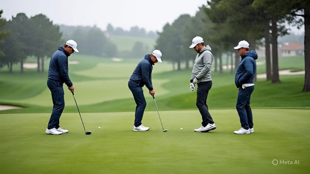 Golfers Fine-Tuning Skills Through Varied Conditions like Wind and Rain