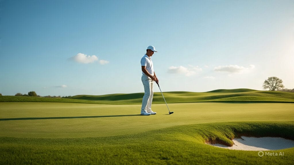 Golfer on a Putting Green with Bumps and Holes and Uneven Grass