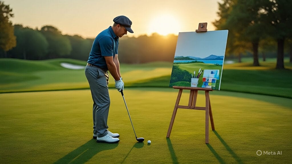 Golfer on a Golf Course with an Art Easel Getting Ready for His Next