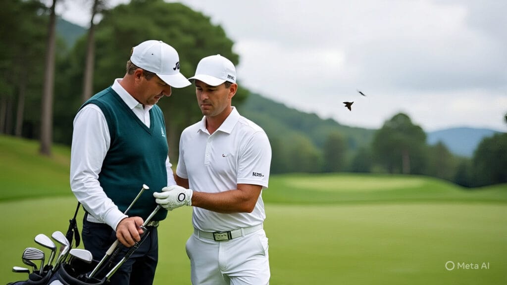 Golfer Choosing His Club from his Caddie