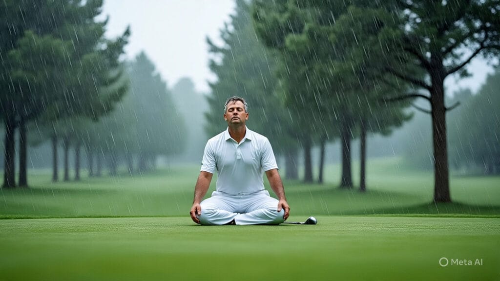 Golfer Doing Breathing Exercises on a Rainy Day