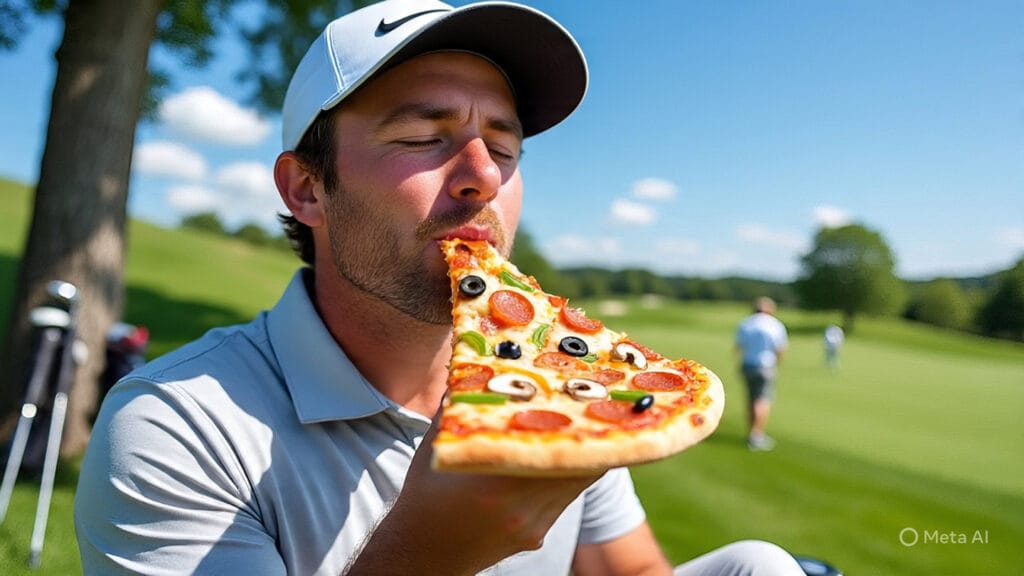 Golfer Eating a Pizza with Many Different Toppings