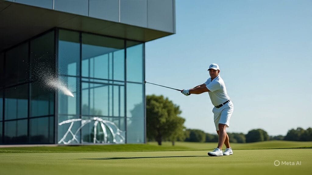 Golfer Hitting a Golf Ball Through a Window
