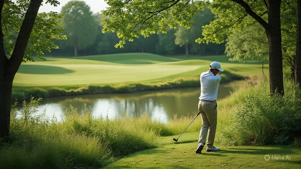 Golfer Hitting a Shot from the Rough Around Bushes and Over Trees and Past a Bunker and Over a Pond