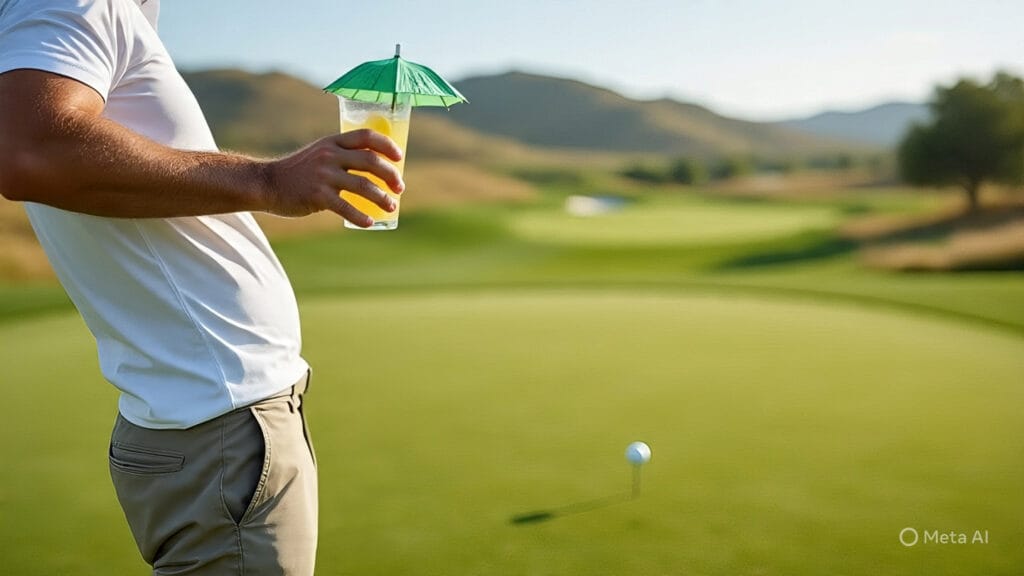 Golfer Holding a Drink with an Umbrella in it and Getting Ready to Tee Off