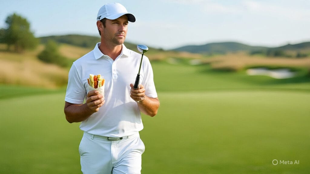 Golfer Holding Sandwich in One Hand and a Golf Club in the Other Hand