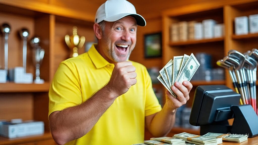 Golfer Holding Wads of Cash at The Register in a Golf Equipment Store