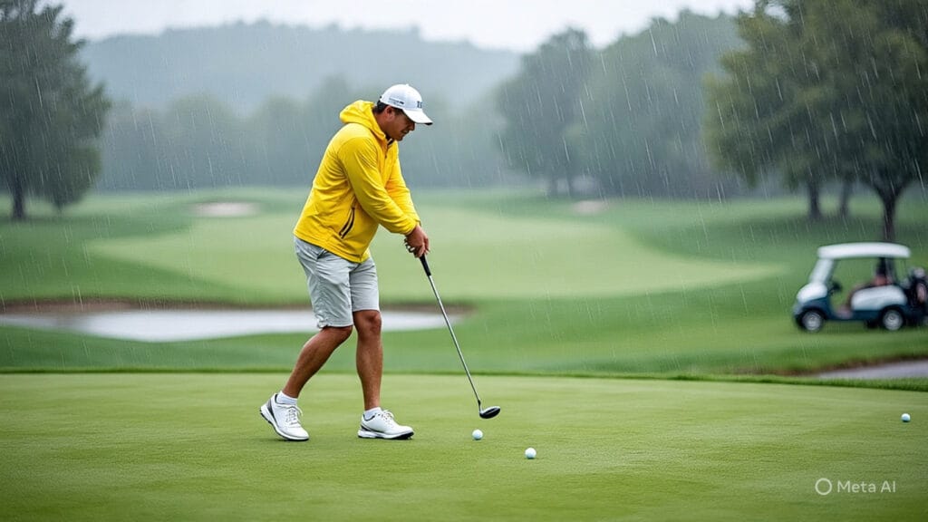 Golfer in Shorts on a Rainy Day Practicing Chip Shots